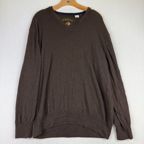 Orvis‎ Sweater Mens XL Brown 100% Merino Wool V Neck Pullover Dad Preppy Golf - Picture 1 of 6